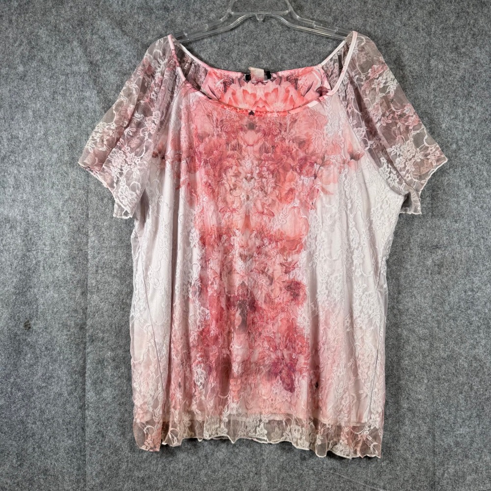 Vtg Floral Mesh Lace Y2K Top Womens 3X USA Boho Fairycore Artsy Blouse Pink